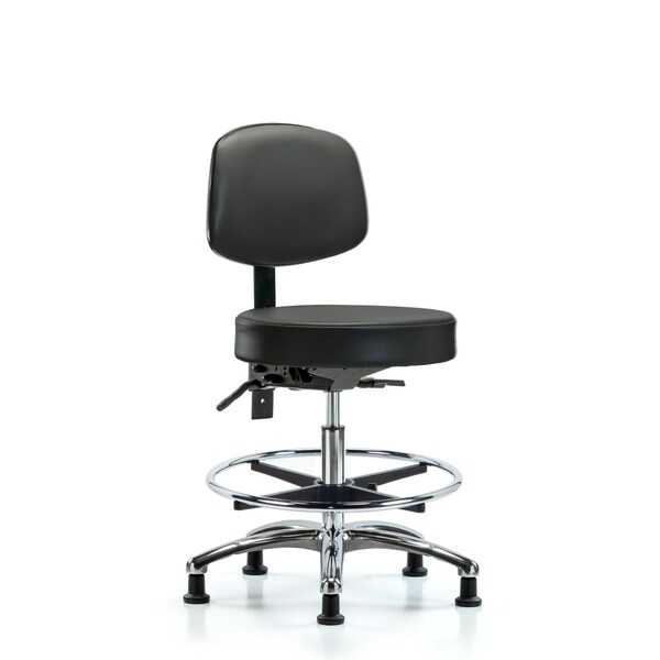 Vinyl Stool, Back, Chrome, Med Bench, Tilt, Foot Ring, Glides, Carbon