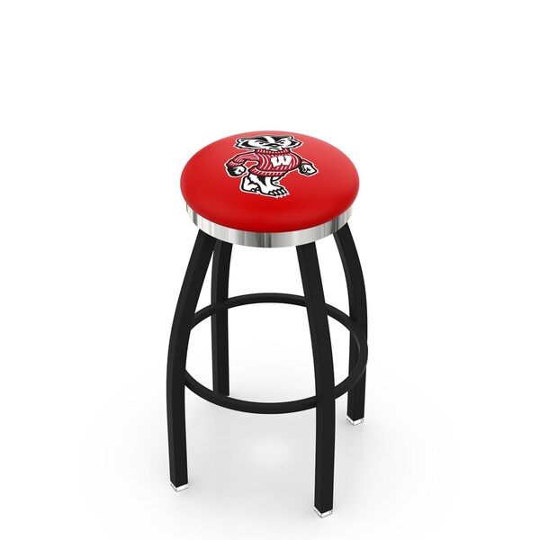 25" Blk Wrinkle Wisconsin "Badger" Swivel Bar Stool, Chrome Ring