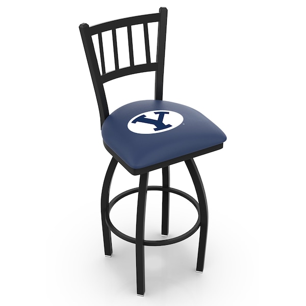 25" Blk Wrinkle Brigham Young Swivel Bar Stool, Jailhouse Back
