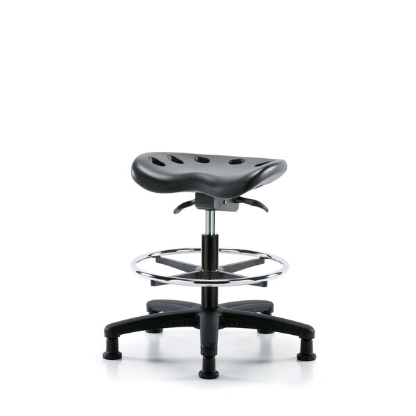 Poly Tractor Sit-Stand Stool, Med Bench, Foot Ring, Glides, Black