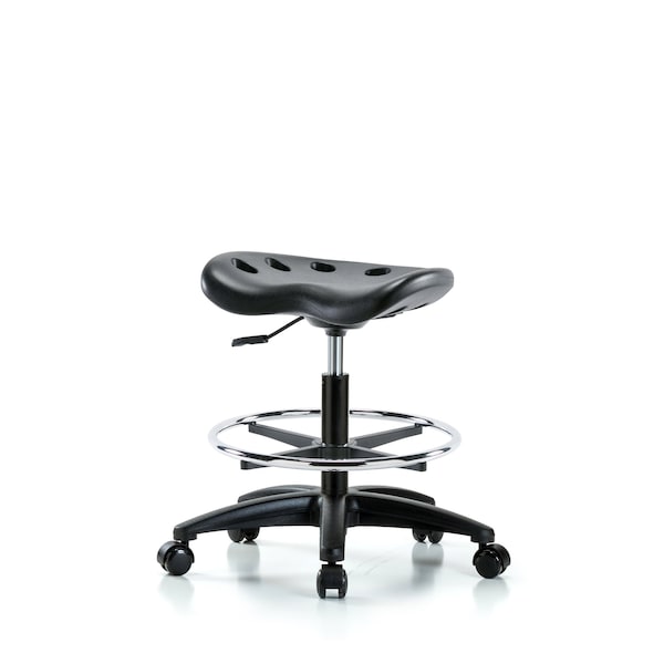 Poly Tractor Stool, Med Bench, Foot Ring, Chrome Casters, Black