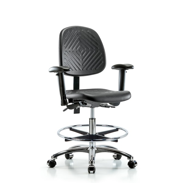 Bench Chair, Poly, Med, Bk, CF Cast, 6-Way Adjustable, 19-1/2" to 27-1/2" Height, Black; Blue