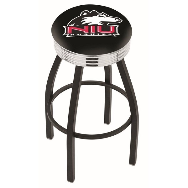25" Blk Wrinkle Northern Illinois Swivel Bar Stool, Chrome Ring