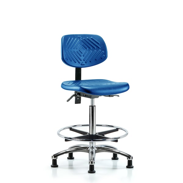 Poly Chair Chrome, High Bench, Foot Ring, Glides, Blue