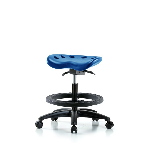 Poly Tractor Sit-Stand Stool, Med Bench, Foot Ring, Chrome Casters, Blue