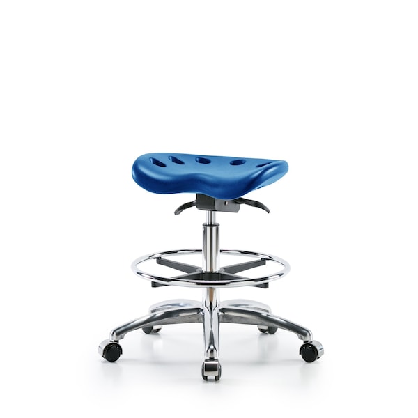 Poly Tractor Sit-Stand Stool, Med Bench, Foot Ring, Chrome Casters, Blue