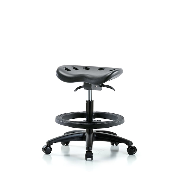 Poly Tractor Sit-Stand Stool, Med Bench, Foot Ring, Chrome Casters, Black