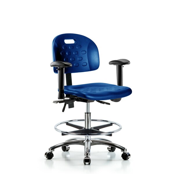 Poly Chair Chrome, Med Bench, Tilt, Arms, Foot Ring, Casters, Blue