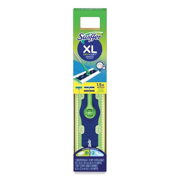 Sweeper Mop, 16.5 x 9 White Cloth Head, 46 in. Green/Silver Aluminum/Plastic Handle
