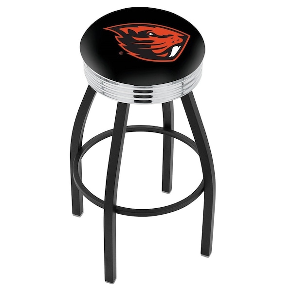 25" Blk Wrinkle Oregon State Swivel Bar Stool, Chrome Ring