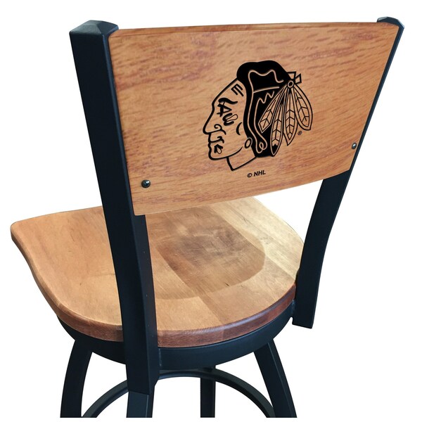 25" Blk Wrinkle Chicago Blackhawks Swivel Bar Stool, Engraved Back