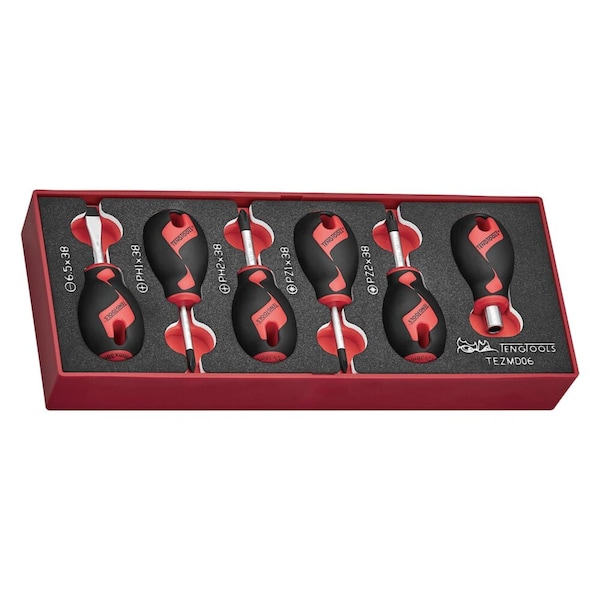 6 Piece Stubby Flat/Slotted, Phillips Ph, Pozidriv Pz Tip Head Screwdriver Foam Set
