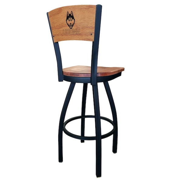 25" Blk Wrinkle Connecticut Swivel Bar Stool, Laser Engraved Back