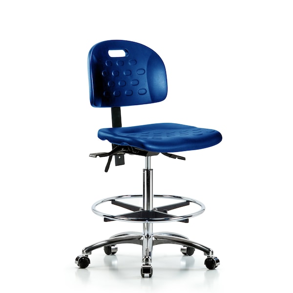 Poly Chair Chrome, High Bench, Foot Ring, Casters, Blue
