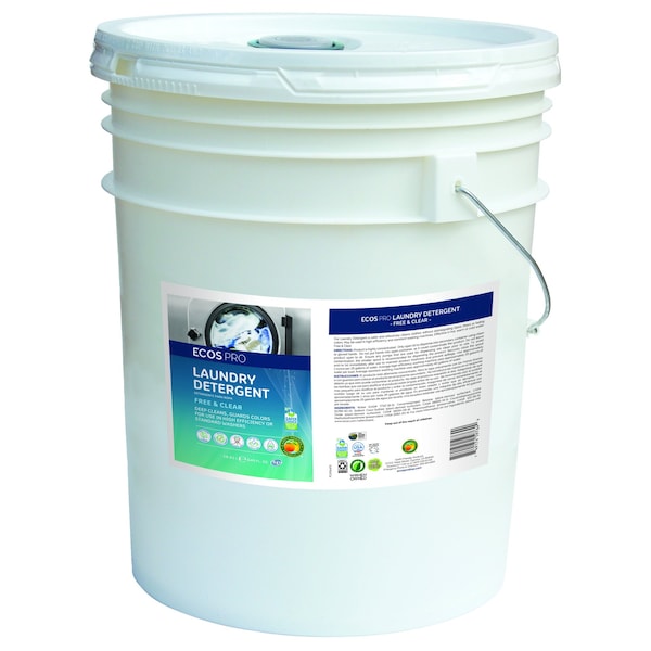 Laundry Detergent, High Efficiency HE, Liquid, Bucket, 5 Gal, 320 Loads, Unscented, Clear, Dye-Free