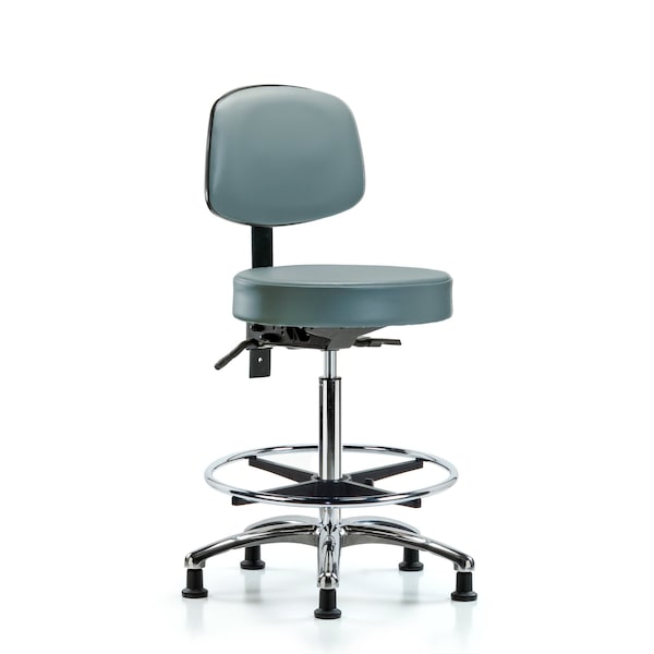 Vinyl Stool, Back, Chrome, High Bench, Tilt, Foot Ring, Glides, Storm