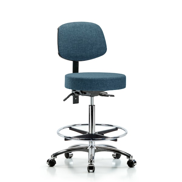 Bench Stool, Hi, Fabric, Bk, CF, Casters, Blu, Caster Type: Rolling