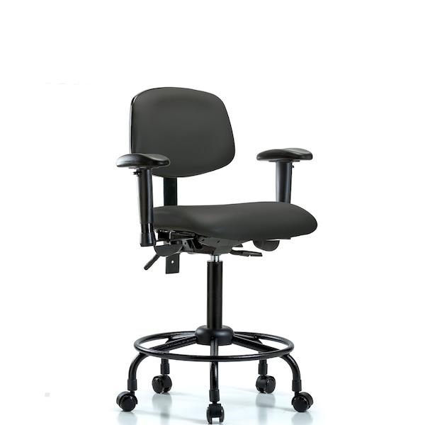 Bench Chair, Vinyl, RT, AA, Casters, Gry, 6-Way Adjustable, 23" to 31" Height, Charcoal
