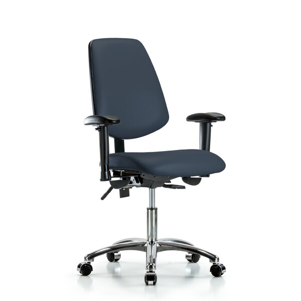 Desk Chair Desk Chair, Vin, Med, Bk, Chrm, AA, Cast, Navy, Adjustable Arms, 18" to 23" Height, Vinyl