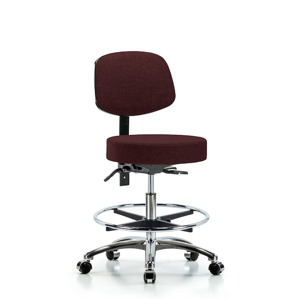 Rutledge Fab Stool with Back Chr-Medium Bench Height with Chr Foot RingandCasters in Burgundy Fab